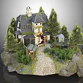 Cartoon Scene With Cozy Cottage Pine Trees Rocky Ground And Gravel Path