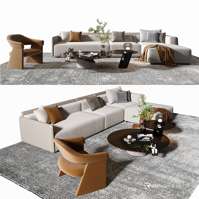 Modern Beige Sofa Coffee Table Set With Decorative Pillows And Plants On Patterned Rug 3d model 