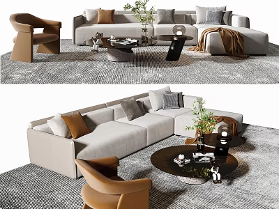Modern Beige Sofa Coffee Table Set With Decorative Pillows And Plants On Patterned Rug 3d model