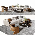 Modern Beige Sofa Coffee Table Set With Decorative Pillows And Plants On Patterned Rug 3d model