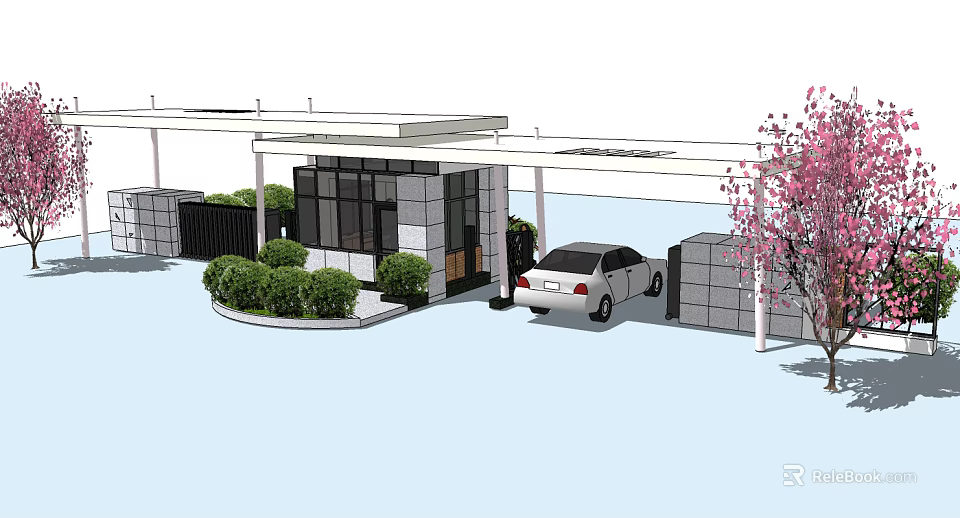 Modern Entrance Gate With Car Greenery Canopy And Pink Flowering Tree 3d model 