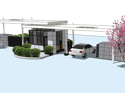 Modern Entrance Gate With Car Greenery Canopy And Pink Flowering Tree 3d model