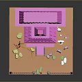 Pink Toy House With Purple Roof Yellow Windows Black Fence Street Lamps Tree And Tombstones