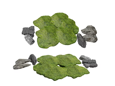 Natural Moss Covered Stone And Wood Decorative Elements With Gray Stones Arrangement 3d model
