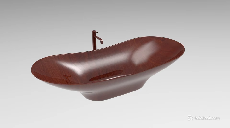 Elegant Wooden Textured Bathtub With Modern Faucet And Unique Shape 3d model 