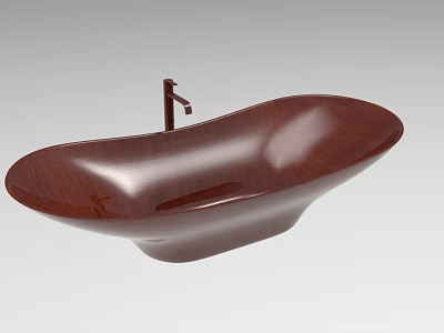 Elegant Wooden Textured Bathtub With Modern Faucet And Unique Shape 3d model