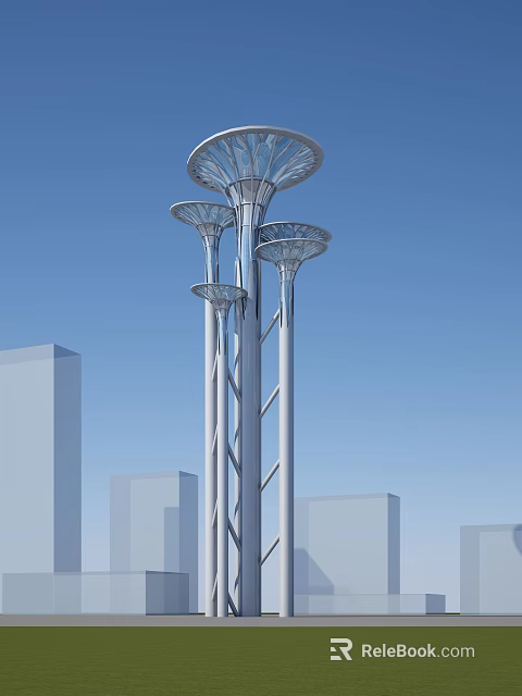 Modern Urban Tower With Flower Shaped Tops And Slender Pillars Against Blue Sky 3d model 