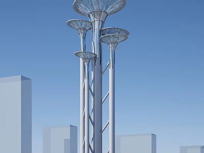 Modern Urban Tower With Flower Shaped Tops And Slender Pillars Against Blue Sky 3d model