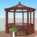 Outdoor Octagonal Wooden Gazebo with Glass Roof and Surrounding Flowers Plants on Deck