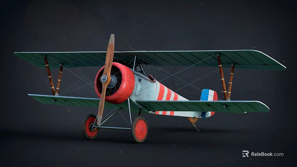 Vintage Biplane Fighter Plane with Red Propeller Red and White Striped Fuselage and Red Wheels 3d model 