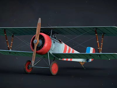 Vintage Biplane Fighter Plane with Red Propeller Red and White Striped Fuselage and Red Wheels 3d model