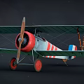 Vintage Biplane Fighter Plane with Red Propeller Red and White Striped Fuselage and Red Wheels