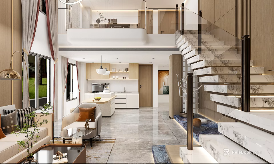 Modern Duplex Living Room Interior Design With Marble Staircase And Floor to Ceiling Windows 3d model 
