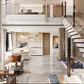 Modern Duplex Living Room Interior Design With Marble Staircase And Floor to Ceiling Windows