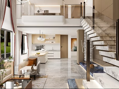 Modern Duplex Living Room Interior Design With Marble Staircase And Floor to Ceiling Windows 3d model