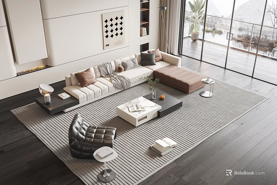 Modern Minimalist Sofa And Coffee Table Set With Decorative Cushions Striped Rug And Floor Lamp 3d model 