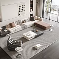 Modern Minimalist Sofa And Coffee Table Set With Decorative Cushions Striped Rug And Floor Lamp