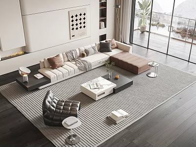 Modern Minimalist Sofa And Coffee Table Set With Decorative Cushions Striped Rug And Floor Lamp 3d model
