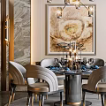 Elegant Round Dining Table Set with Six Gray Gold Chairs Marble Walls Chandelier Decorative Painting