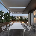 Villa Balcony Open Design With White Long Table Chairs Green Plants And Shade Structure