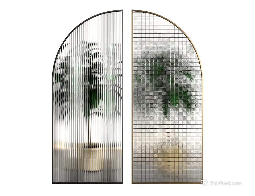 Arched Double Metal Screens With Grid Design And Potted Plant 3d model