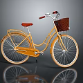 Vintage Yellow Bicycle With Red Seat Brown Basket And White Spokes