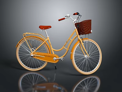 Vintage Yellow Bicycle With Red Seat Brown Basket And White Spokes 3d model