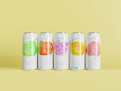 Five Assorted Fruit Flavored Beverage Cans With Bright Labels On Yellow Background 3d model