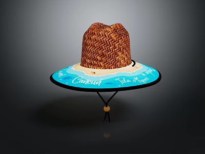 Wide Brim Straw Hat with Cancun Island of Magic Blue Decorative Summer Vacation Design 3d model