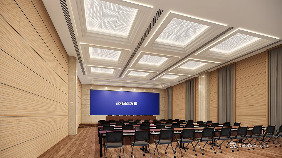 Spacious Modern Conference Room With Blue Screen Wooden Walls And Neatly Arranged Tables Chairs 3d model 