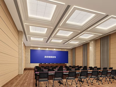 Spacious Modern Conference Room With Blue Screen Wooden Walls And Neatly Arranged Tables Chairs 3d model