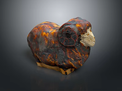 Ram Sculpture With Brown Orange Textured Surface And Light Wooden Base 3d model