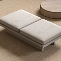 Beige Padded Bench And Round Wooden Coffee Table On Woven Rug