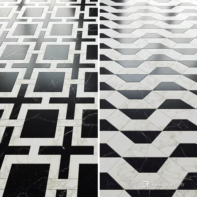 Black And White Modern Geometric Marble Floor Tiles With Cross And Hexagon Patterns Design 3d model