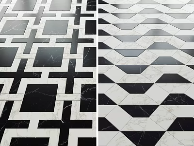 Black And White Modern Geometric Marble Floor Tiles With Cross And Hexagon Patterns Design 3d model