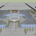 Modern Architectural Building With Glass Facade Blue Roof Public Square And Trees