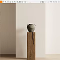 Decorative Vase Ornament Set Placed On Wooden Pillar Against Light Colored Wall