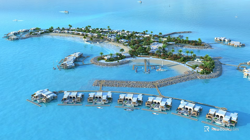 Aerial Planning of Coastal Resort With Overwater Villas Beach Palm Trees and Boats 3d model 
