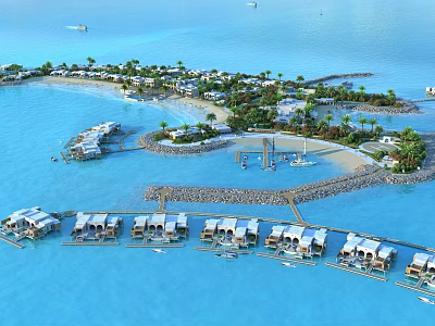 Aerial Planning of Coastal Resort With Overwater Villas Beach Palm Trees and Boats 3d model