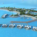 Aerial Planning of Coastal Resort With Overwater Villas Beach Palm Trees and Boats