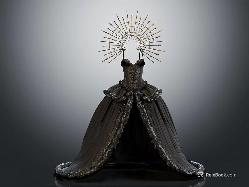 Elegant Black Satin Gown With Fitted Bodice Fluffy Skirt And Radiant Sunburst Decoration 3d model 