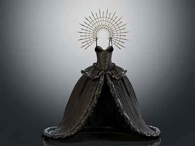 Elegant Black Satin Gown With Fitted Bodice Fluffy Skirt And Radiant Sunburst Decoration 3d model