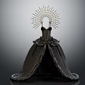 Elegant Black Satin Gown With Fitted Bodice Fluffy Skirt And Radiant Sunburst Decoration