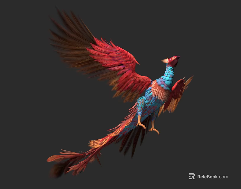 Vibrant Red And Blue Feathered Phoenix Bird With Spread Wings Flying 3d model 