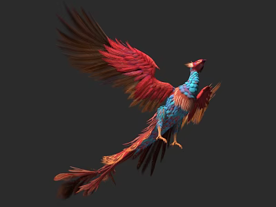Vibrant Red And Blue Feathered Phoenix Bird With Spread Wings Flying 3d model