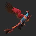 Vibrant Red And Blue Feathered Phoenix Bird With Spread Wings Flying
