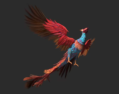 Vibrant Red And Blue Feathered Phoenix Bird With Spread Wings Flying 3d model