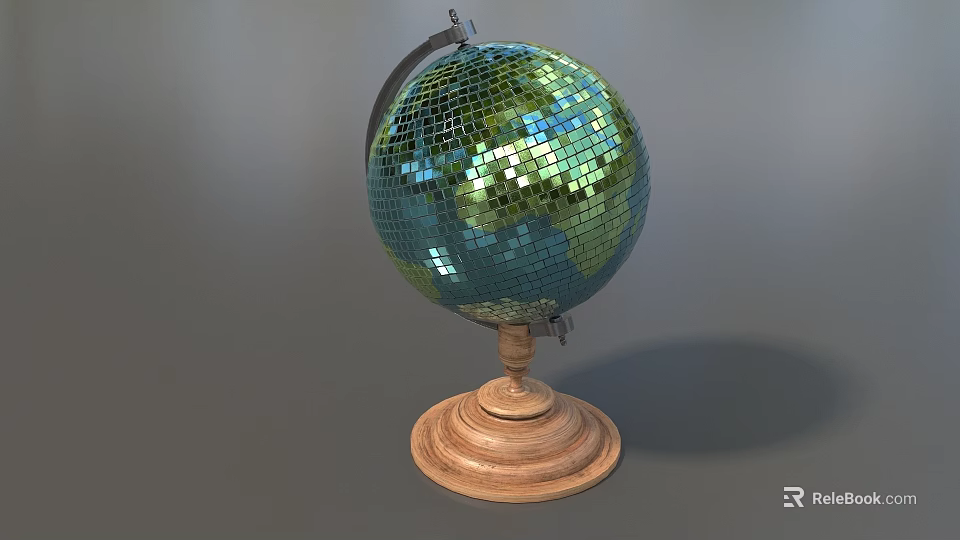 Decorative Globe With Mirrored Mosaic Surface On Wooden Stand For Home Decor 3d model 
