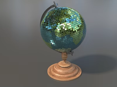 Decorative Globe With Mirrored Mosaic Surface On Wooden Stand For Home Decor 3d model