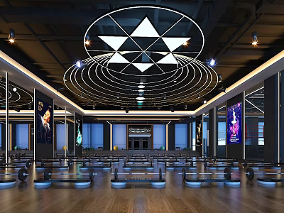 Modern Fitness Gym Interior With Exercise Equipment Wooden Floor Ceiling Lights And Wall Posters 3d model